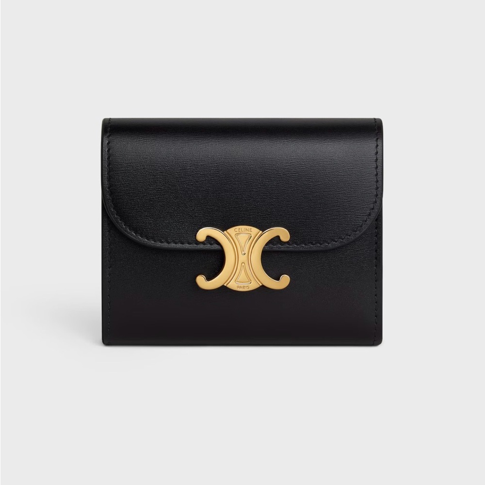 CELINE Small Flap Wallet Triomphe In Shiny Calfskin - Black | AUTHENTIC